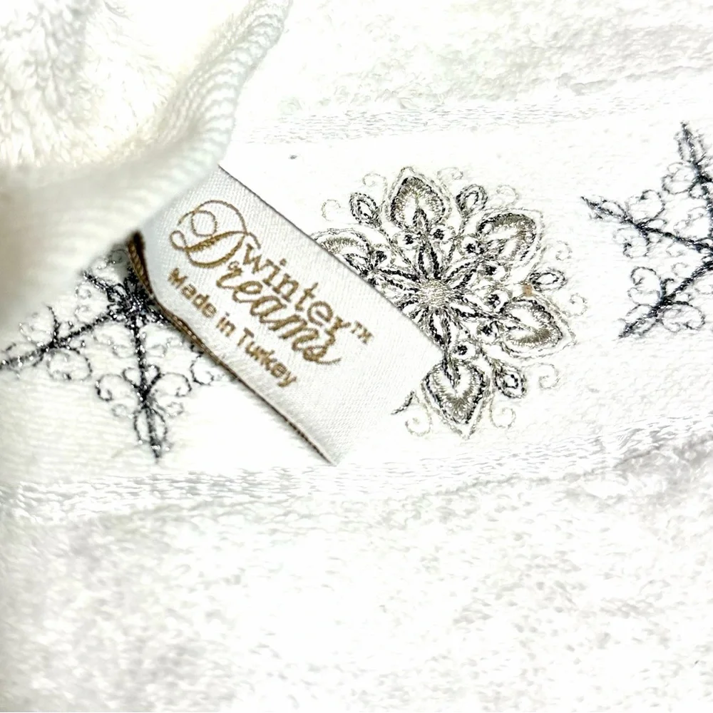 Winter Dreams White Hand Towels with Silver Embroidered Snowflake Made in Turkey